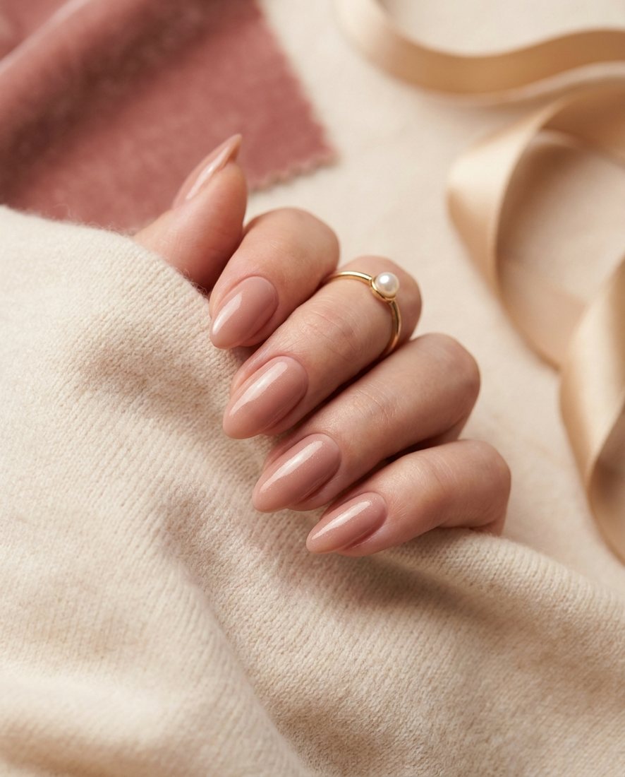 Glanzende nude-beige manicure met subtiele highlights