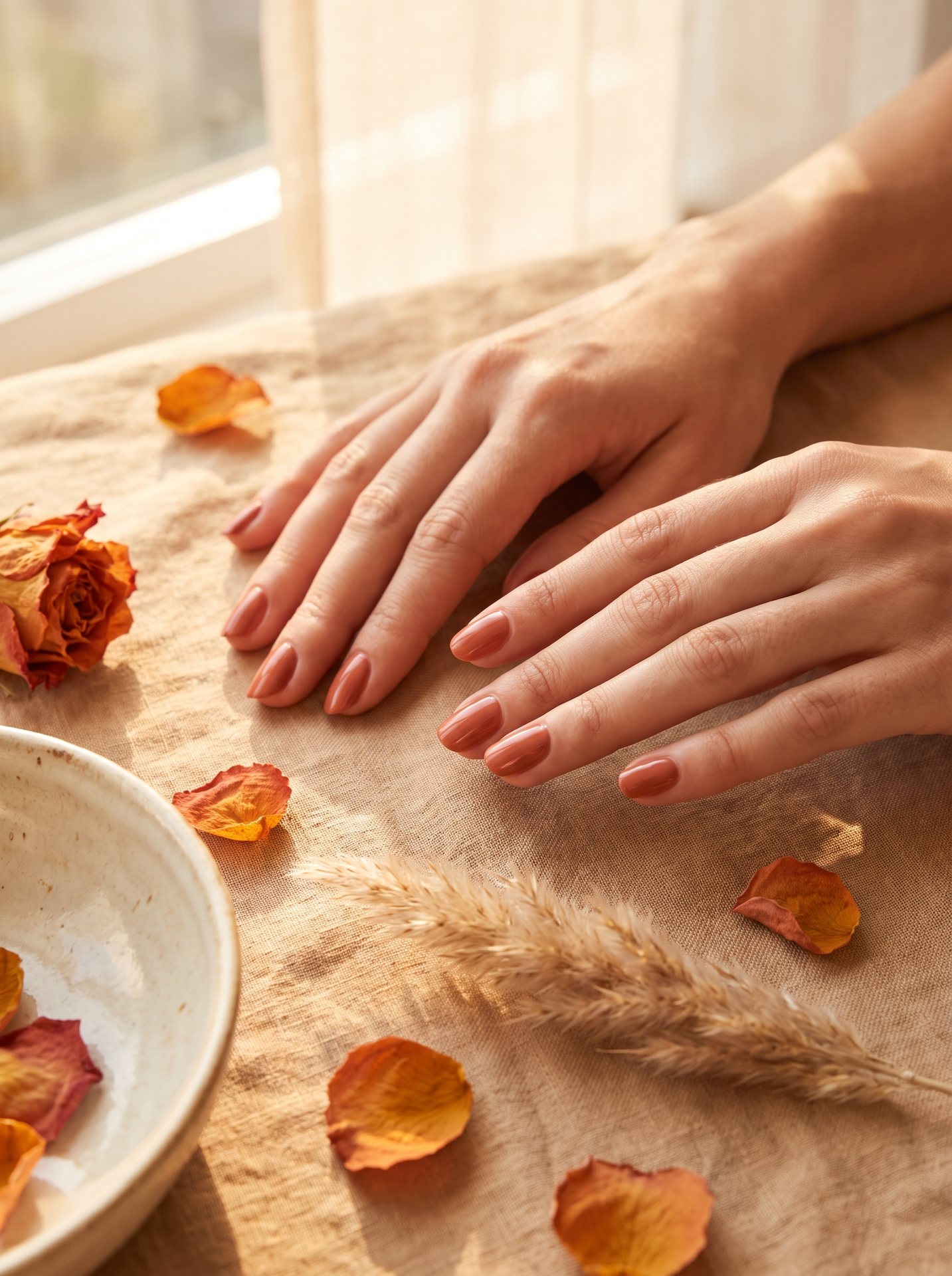 Twee verzorgde handen met een warme terracotta-nude manicure
